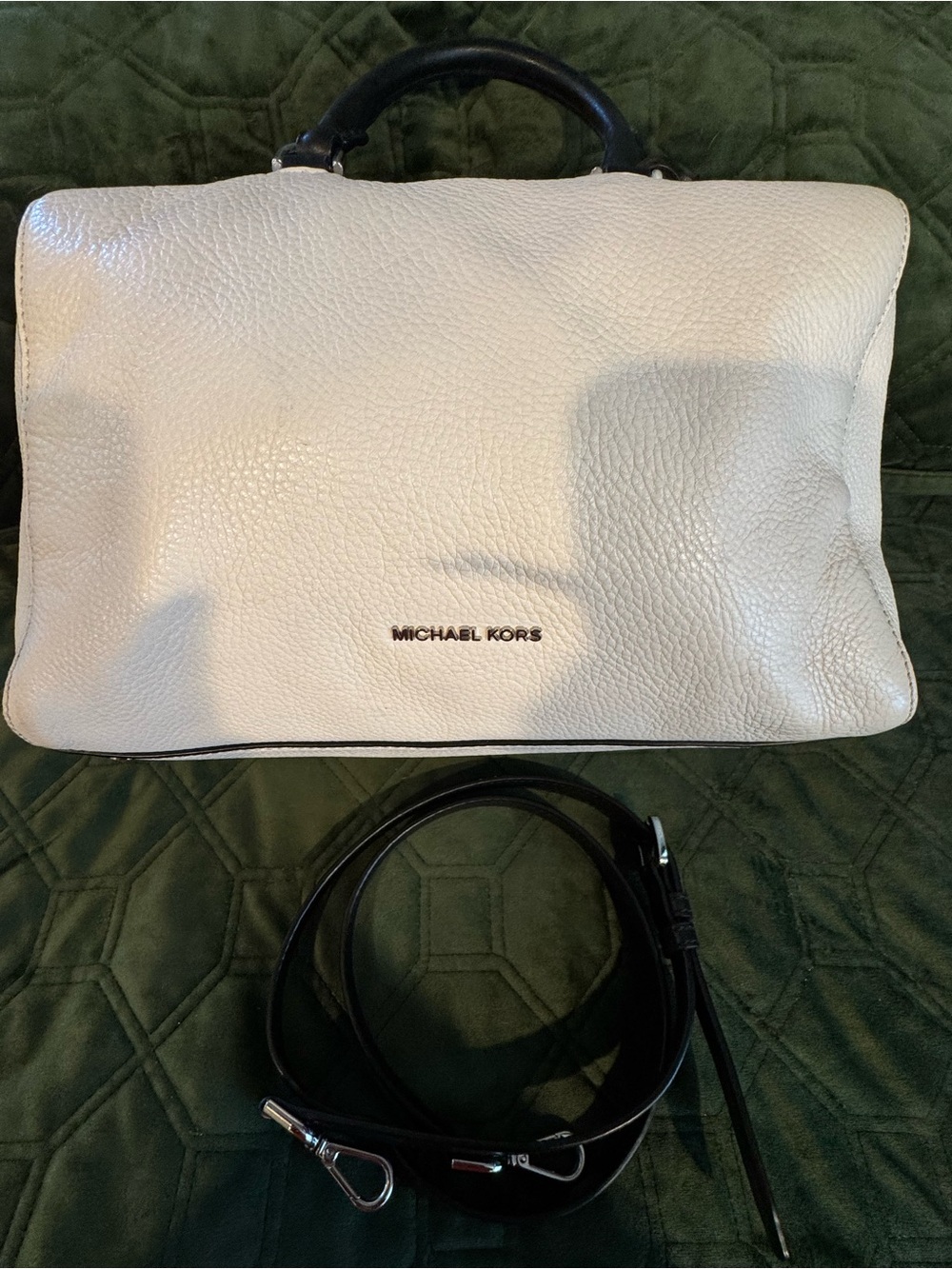 Michael Kors White Pebbled Leather Satchel with Black Handles and Strap